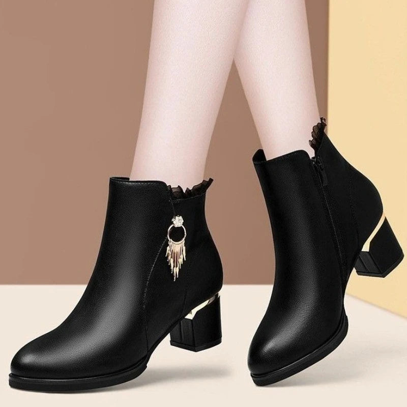 Autumn Winter Black Booties Elegant with Medium Heels Women's Ankle Boots Leather Warm Female Short Shoes Comfortable Boot Sale - Buy online at  Vibe In Cart.