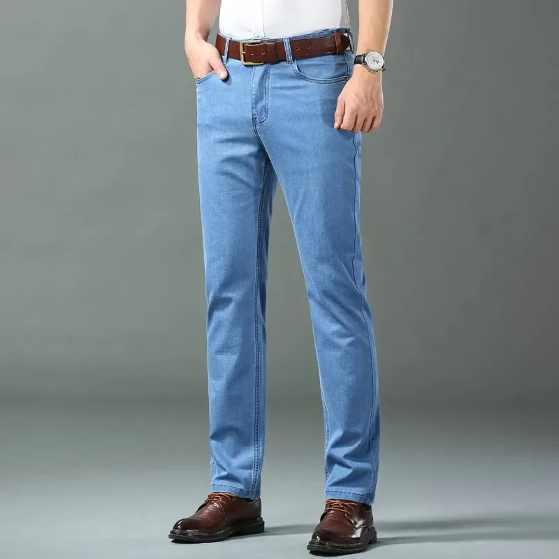 New Ice Silk Thin Denim Jeans For Men Blue Straight Stretch Cotton Pants Business Casual Lightweight Trousers Spring Summer - Buy online at  Vibe In Cart.