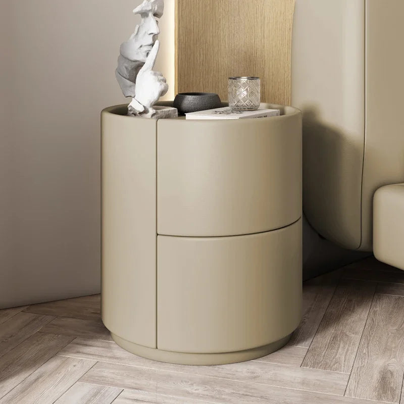 Modern Wooden Round Nightstand with 2 Drawers, 40x40x50cm