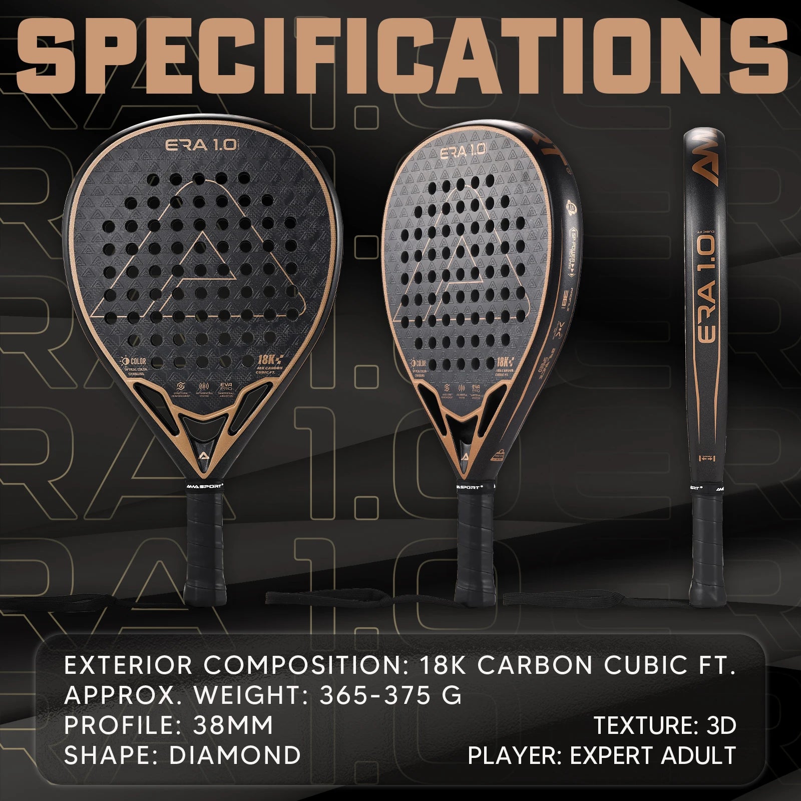 AMASPORT 18K Carbon Cubic Padel Racket Diamond Shape with 3D-Textured Surface Smarter System for Enhanced Control Padel Racquet - Buy online at  Vibe In Cart.