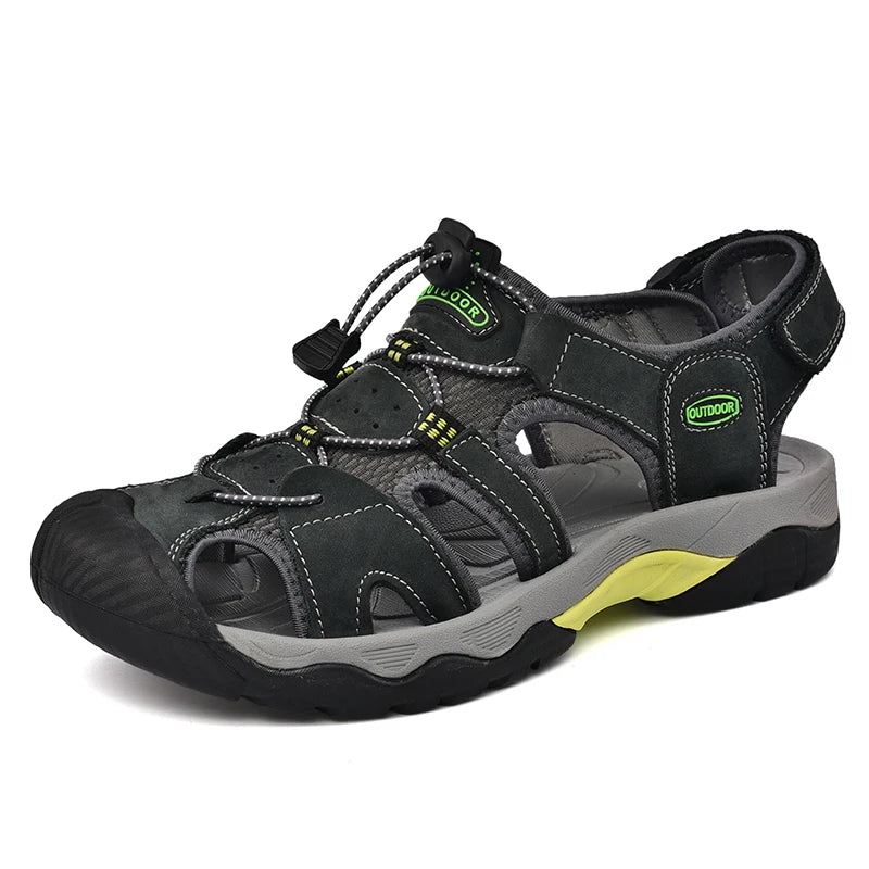 Men's Genuine Leather Outdoor Sandals with Non-Slip Rubber Sole, Sizes 38-48
