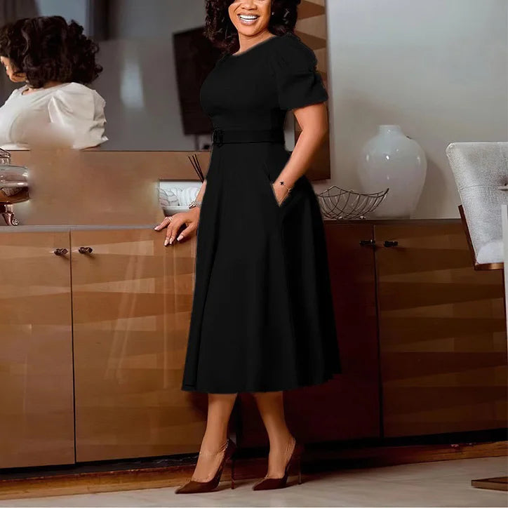 Women's Polyester O Neck Short Sleeve Belted Pleated Mid-Calf Dress