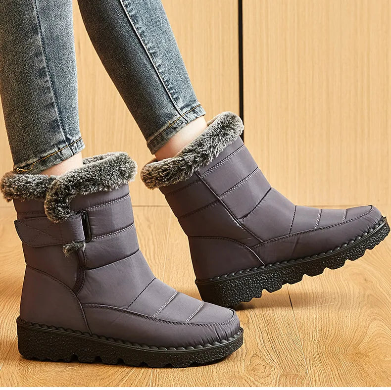Women's Waterproof Ankle Snow Boots with Low Wedges Heel and Fur