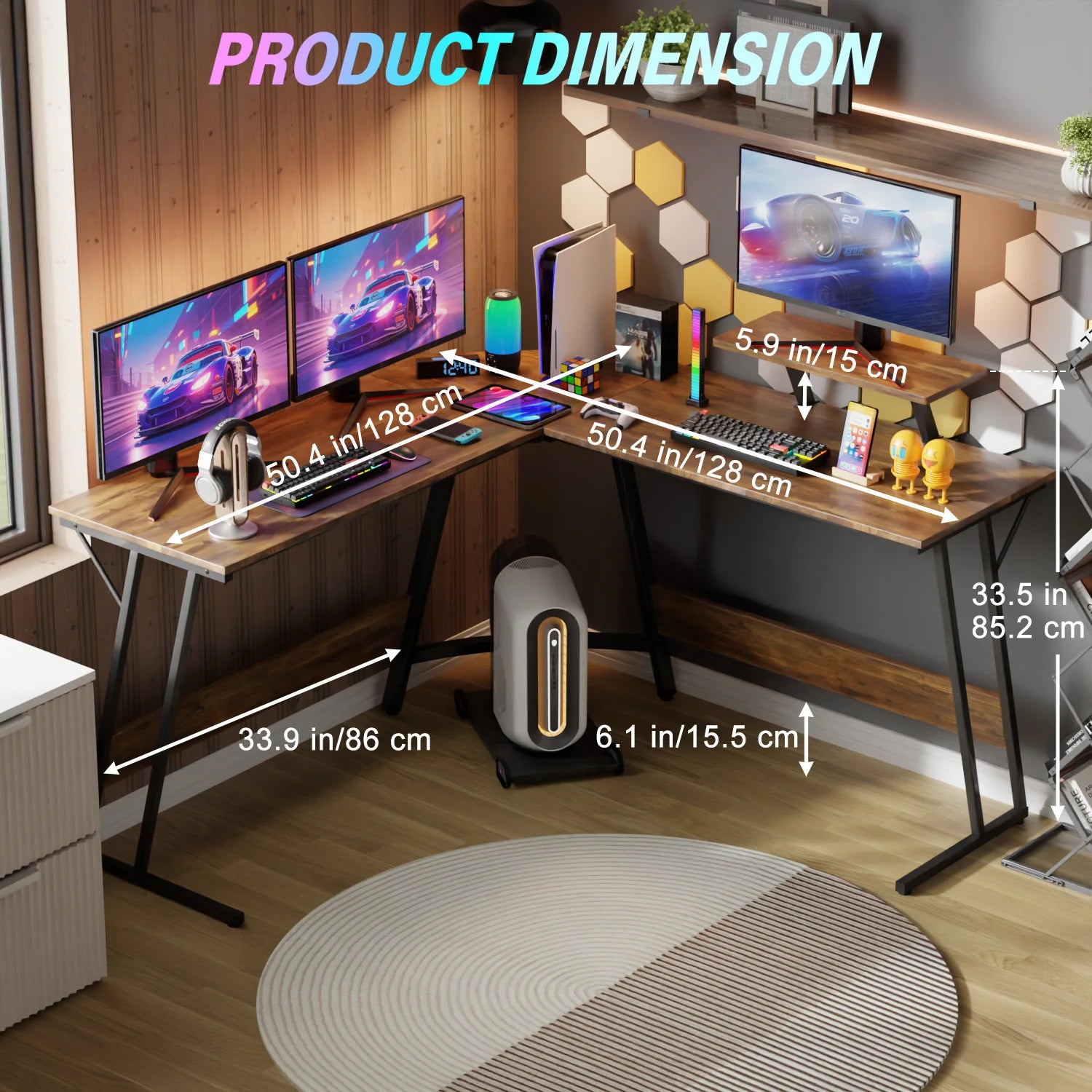 Gaming Desk L Shaped Corner Computer Desk, Home Office Desks Writing Workstation with Large Monitor Stand Easy to Assemble - Buy online at  Vibe In Cart.