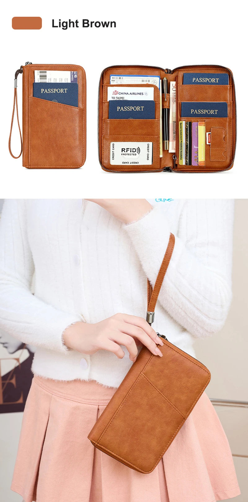 Multifunctional Travel Passport Wallet with RFID Protection in Microfiber Leather