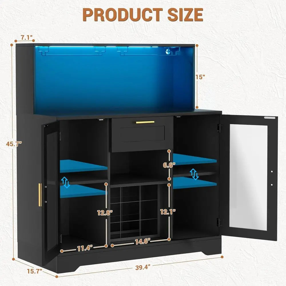 Illuminated Wine & Liquor Cabinet with Rack, Glass Holder, and Storage for Kitchen Buffet - Buy online at  Vibe In Cart.