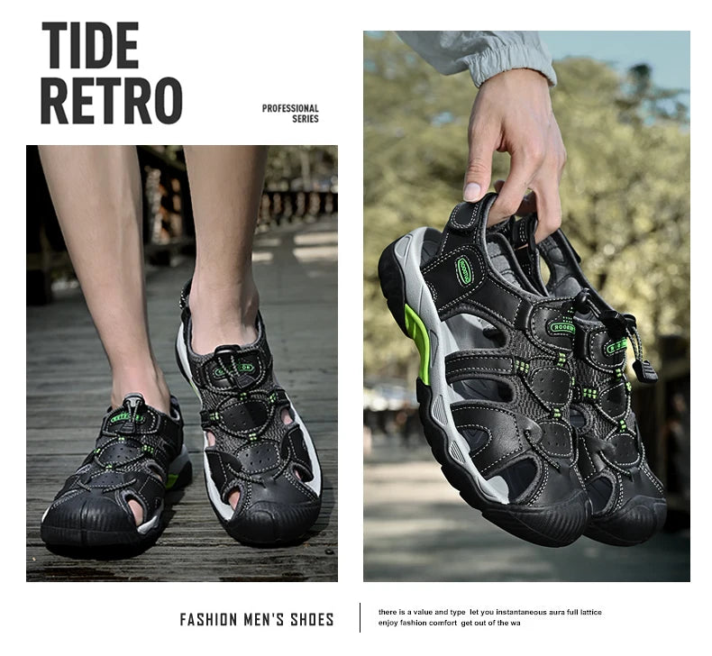 Men's Genuine Leather Outdoor Sandals with Non-Slip Rubber Sole, Sizes 38-48