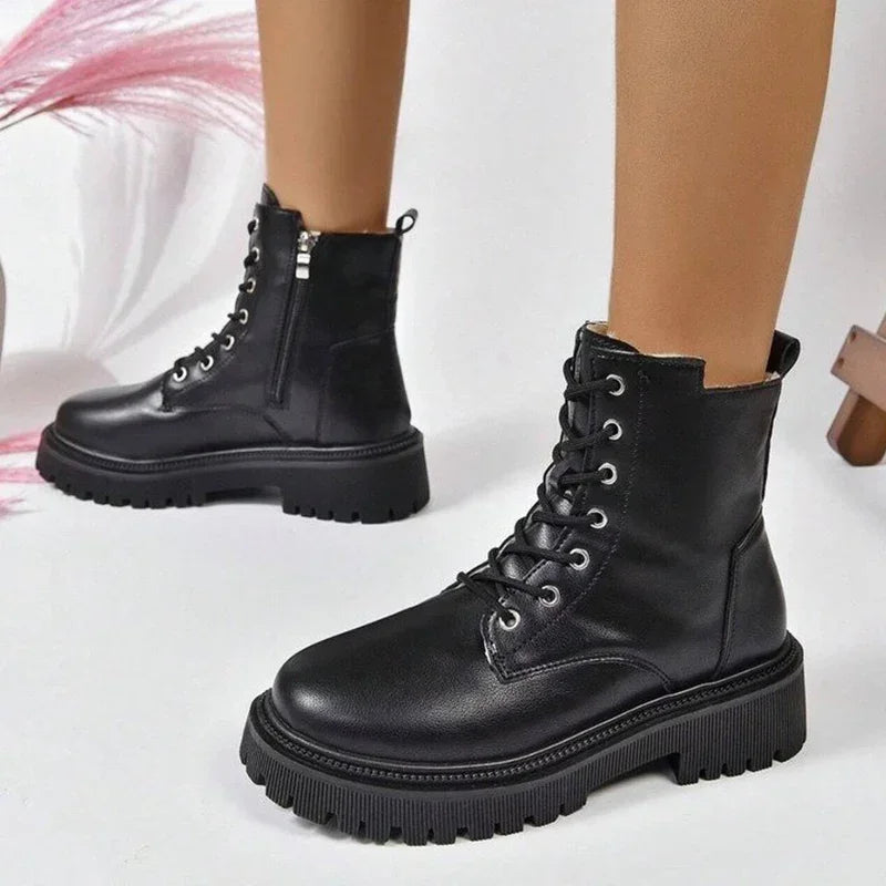 Winter Warm Short Plush Ankle Boots Women Fashion Zip Lace Up Platform Combat Boots Woman Comfy Low Heels Pu Leather Botas Mujer - Buy online at  Vibe In Cart.