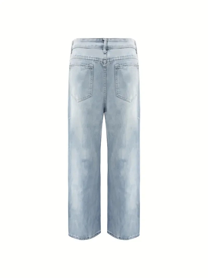 Men'S Vintage Washed Blue Loose Fit Jeans - Casual Straight Leg Denim Pants with Zipper Fly, All-Season Comfort, Mid Waist, Casu - Buy online at  Vibe In Cart.