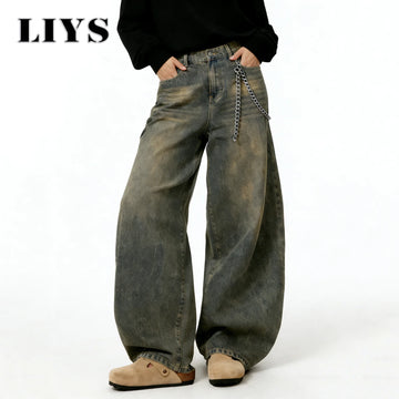 American Retro Baggy Wide Leg Jeans Men's Korea Streetwear Distressed y2k Clothing Casual Daily Four Seasons Denim Pants Unisex - Buy online at  Vibe In Cart.