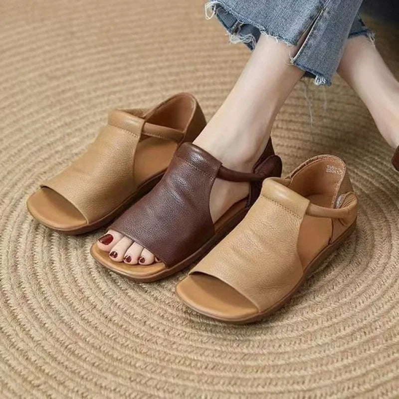 2025 Summer New Women's Peep Toe Flat Sandals - Retro Soft Leather Breathable Comfortable Versatile Casual Shoes - Buy online at  Vibe In Cart.