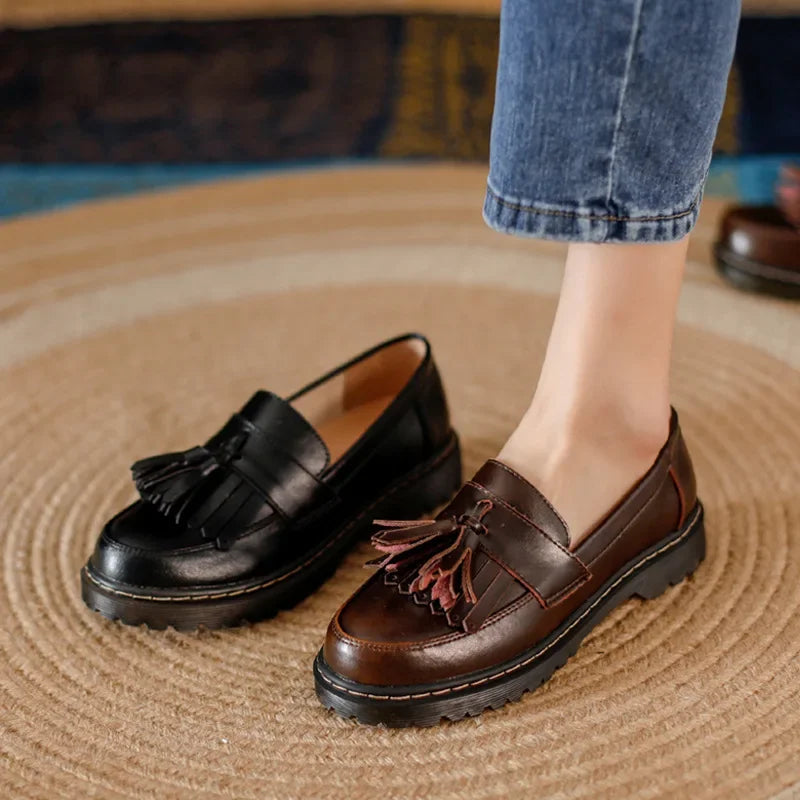 Women Loafers Genuine Leather Fringe Moccasions Retro British Style Ladies Oxford Shoes Slip On Brown Flats - Buy online at  Vibe In Cart.