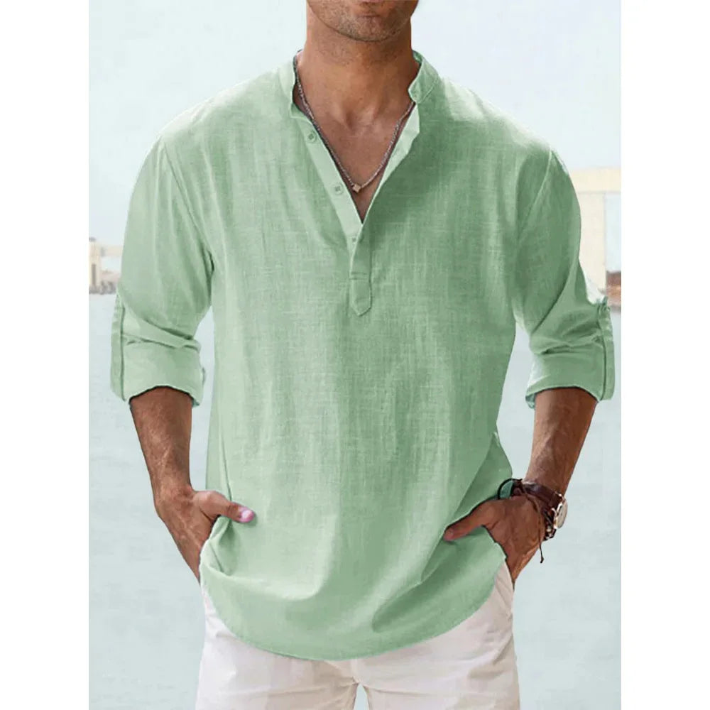 Cotton Linen Hot Sale Men's Short-Sleeved Shirts Summer Solid Color Henley Collar Casual Beach Style Hawaiian Vacation - Buy online at  Vibe In Cart.