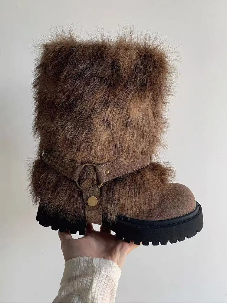Women's Mid-Calf Snow Boots with Square Heel and Plush Lining