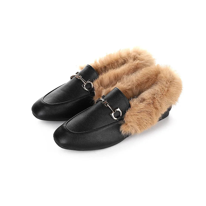 Retro Loafers 2024 Fashion Women's Shoes Autumn and Winter Women Velvet Warm Flat-bottomed Rabbit Fur Leather Shoes - Buy online at  Vibe In Cart.