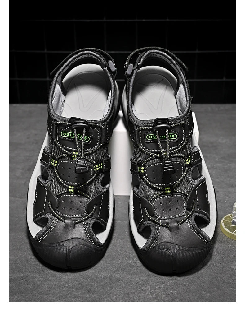 Men's Genuine Leather Outdoor Sandals with Non-Slip Rubber Sole, Sizes 38-48