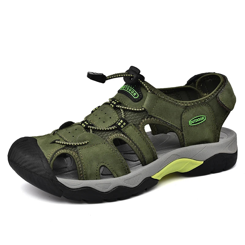 Men's Genuine Leather Outdoor Sandals with Non-Slip Rubber Sole, Sizes 38-48