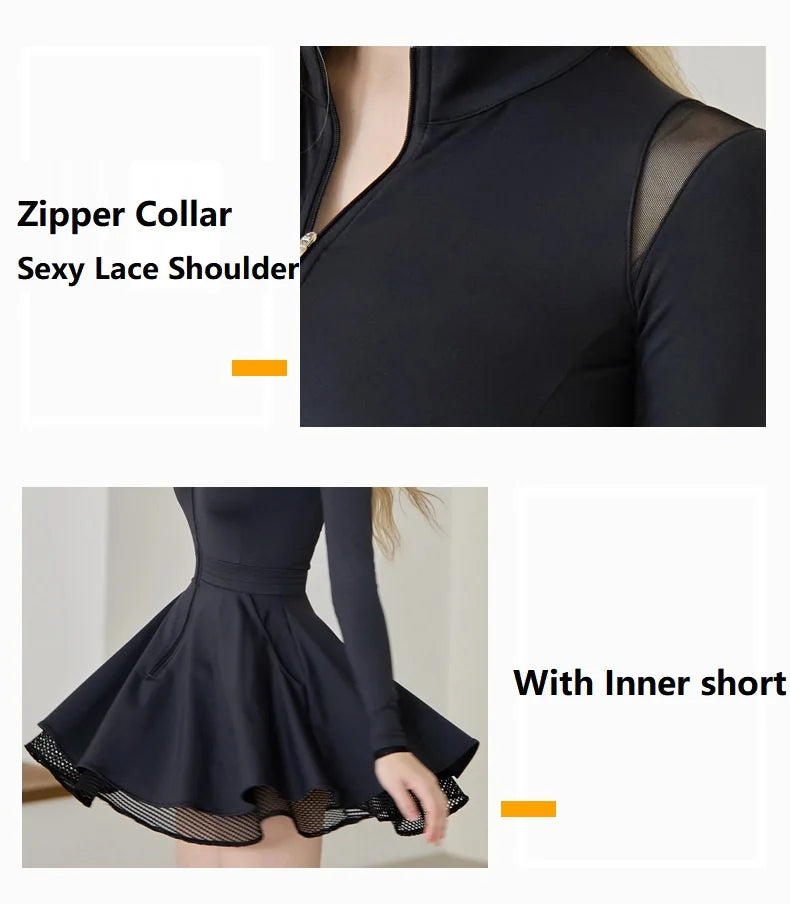 Spring Autumn Tennis Dress with Short Women Lace Ruffle Golf Sports Dresses Long Sleeve Sexy Zipper Skirt Exercise Yoga Clothing