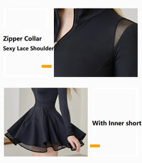 Spring Autumn Tennis Dress with Short Women Lace Ruffle Golf Sports Dresses Long Sleeve Sexy Zipper Skirt Exercise Yoga Clothing
