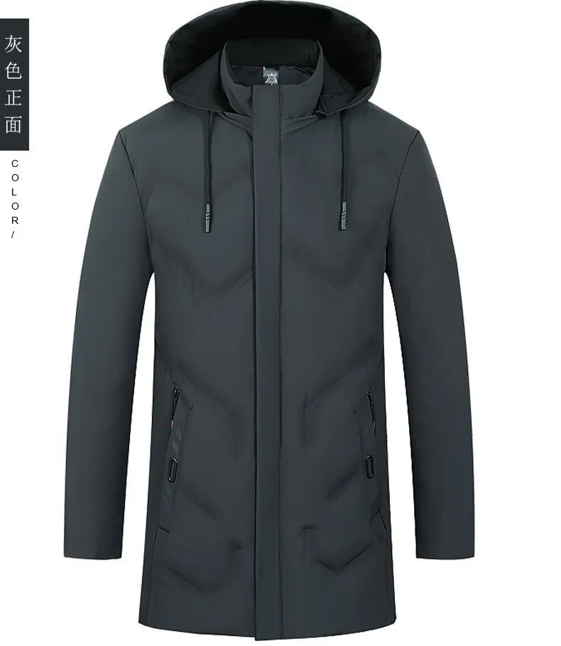 Men's Long Hooded Winter Parka Jacket with Zipper and Pockets