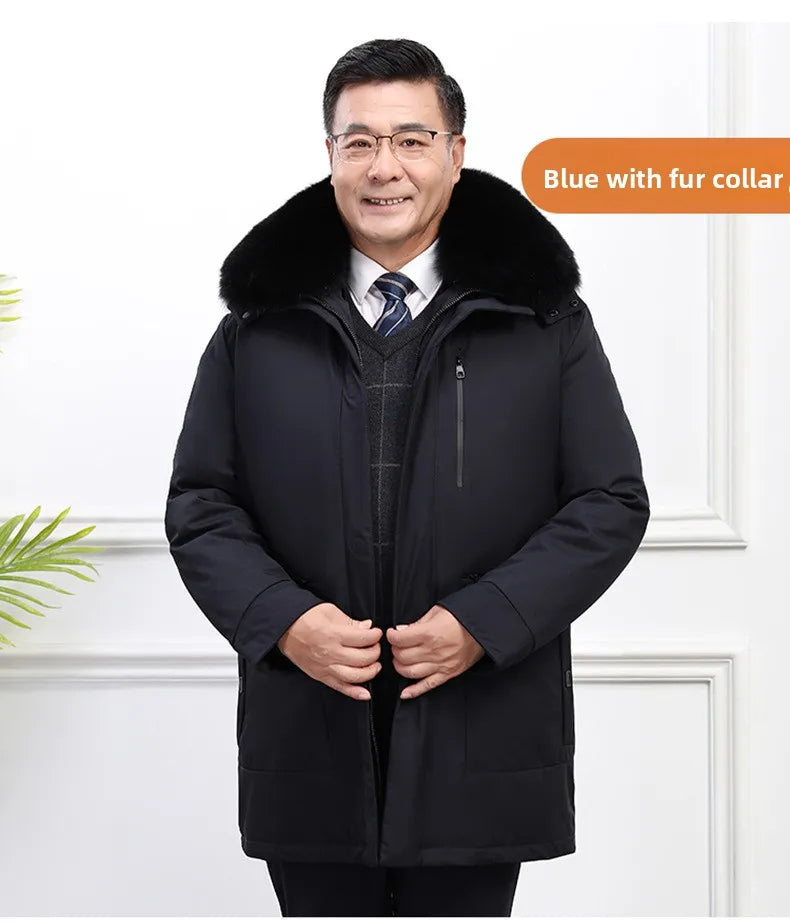 Men's White Goose Down Long Winter Jacket with Detachable Liner