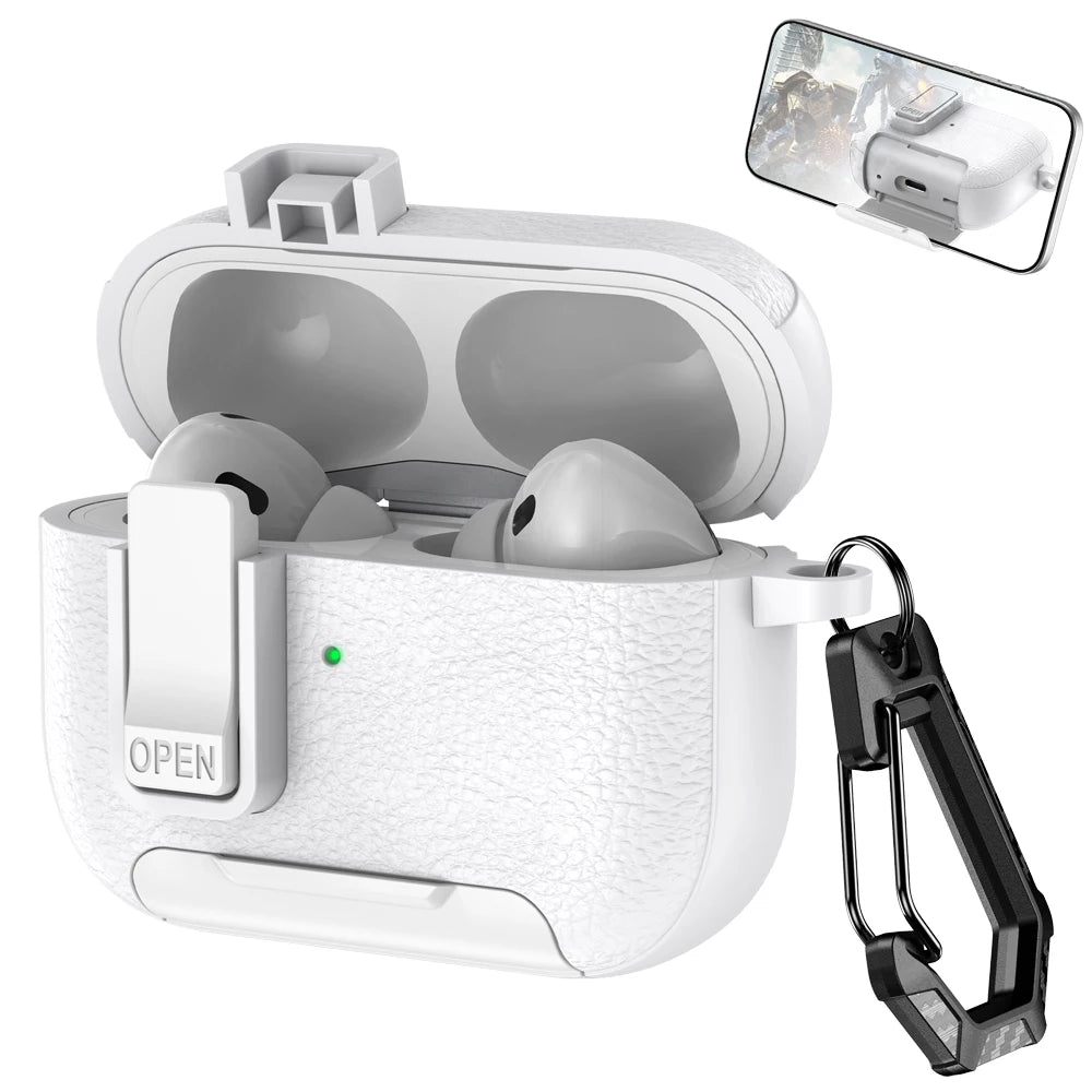 Earphone Protective Case with Leather Texture, Secure Lock, Stand and Wireless Charging Support