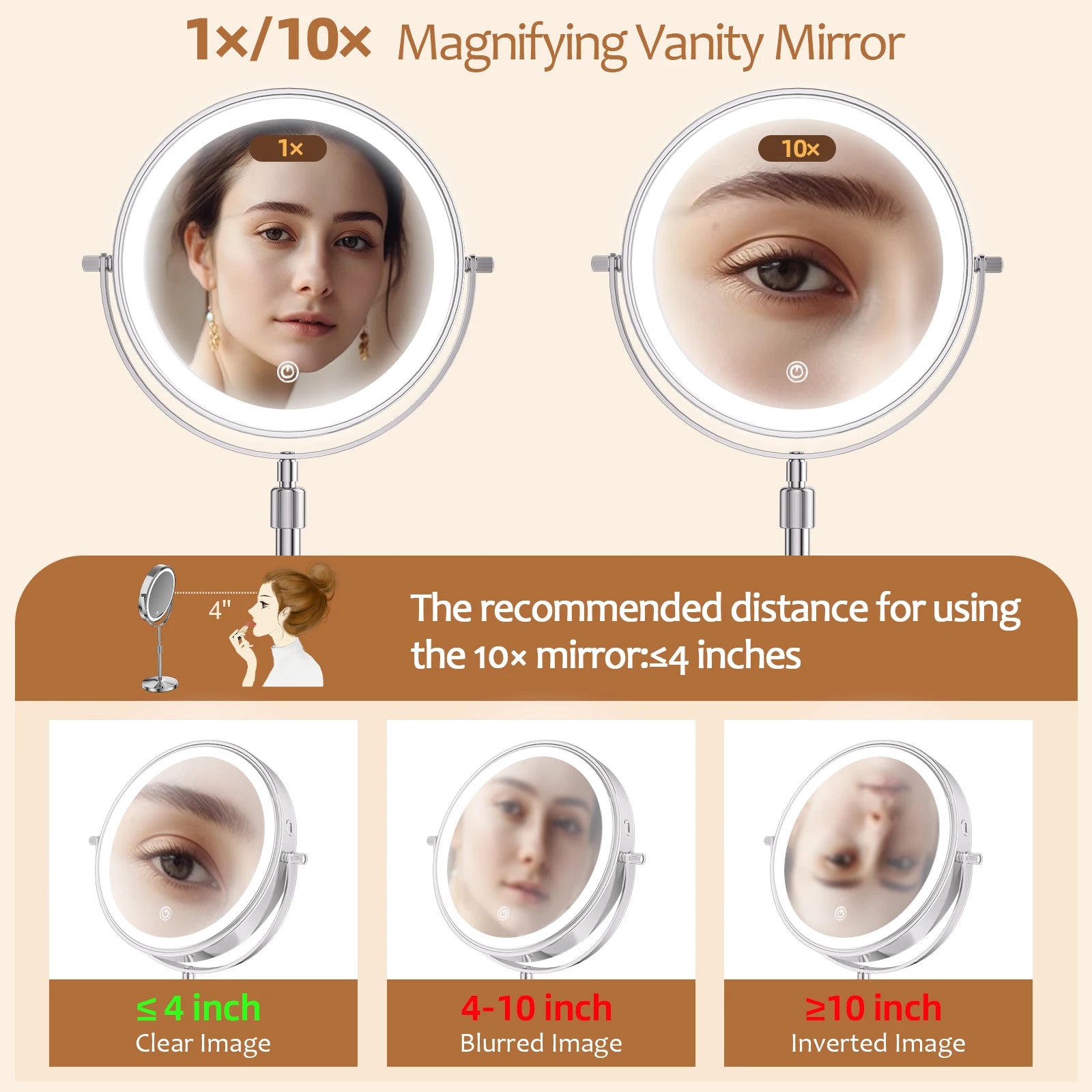 8 Inch Makeup Mirror With Light Lamp 10X Magnification 3 Color Lights,Adjustable Brightness Height Standing Cosmetic Mirror - Buy online at  Vibe In Cart.