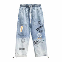 Korean Clothing  Men Letter Printed Jeans High Waisted Baggy Jeans Cartoon Graffiti Hip-Hop Pants Blue Jeans - Buy online at  Vibe In Cart.