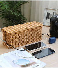 Rattan Cable Management Box with 2 Open Slots for Under Desk