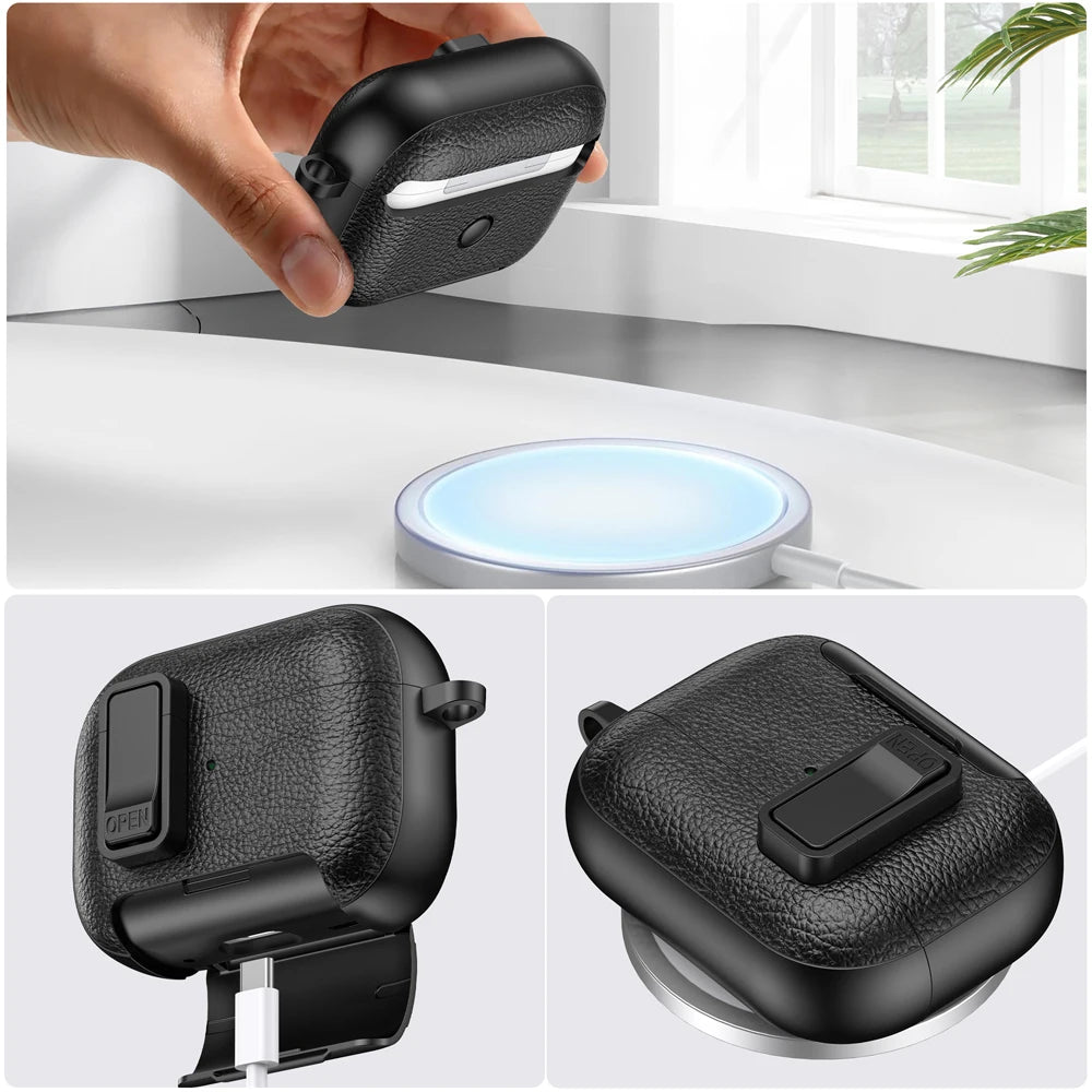 Earphone Protective Case with Leather Texture, Secure Lock, Stand and Wireless Charging Support