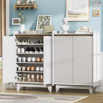 "White Fluted Shoe Cabinet - 2-Door Storage with Adjustable Shelves, Entryway/Bedroom Organizer" - Buy online at  Vibe In Cart.