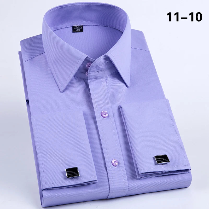Men's Slim Fit Long Sleeved Solid Color Cotton Polyester Shirt with French Cufflinks