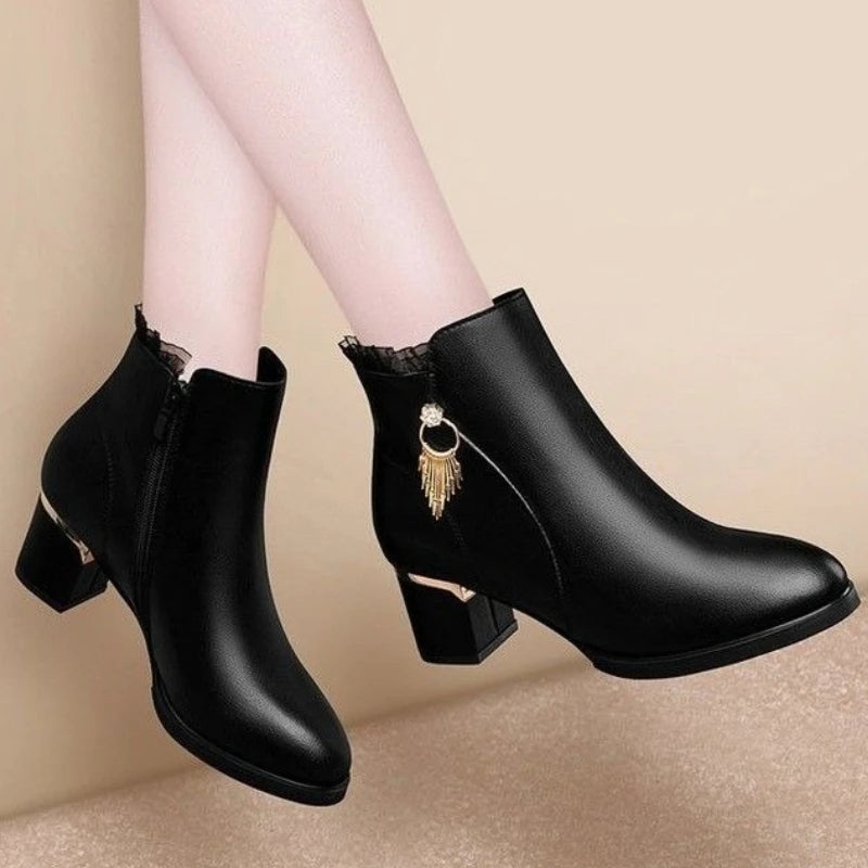 Autumn Winter Black Booties Elegant with Medium Heels Women's Ankle Boots Leather Warm Female Short Shoes Comfortable Boot Sale - Buy online at  Vibe In Cart.