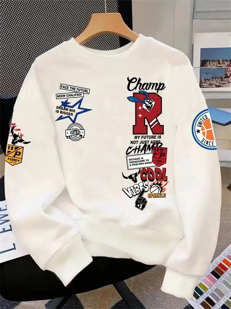 The new men's round-neck hoodie for Spring and Autumn 2025 features a street casual and fashionable 3D letter pattern print - Buy online at  Vibe In Cart.