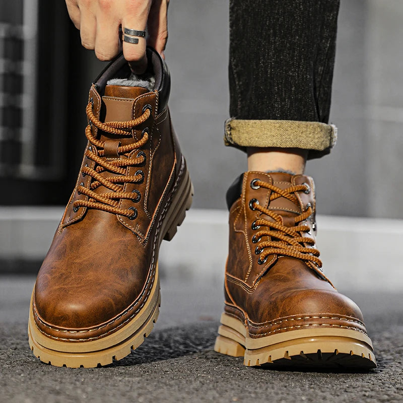Leather Ankle Boots Stylish Walking Shoes Outdoor Men Casual Footwear Winter Plush Snow Boots New Trendl Mens High Top Shoes - Buy online at  Vibe In Cart.