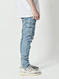 2025 New Men Street Elastic Denim Brand Jeans Narrow Legs Multi Pockets Cargo Pants Casual Slim Fit Daily Wear Joggers Mid Waist - Buy online at  Vibe In Cart.