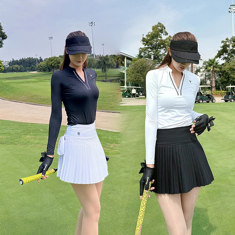 SG Golf Women V-Neck Polo Shirt Spring Fall Long Sleeve Slim Tops Ladies High-end Sport Skort Pleated Anti-Exposure Tennis Skirt - Buy online at  Vibe In Cart.