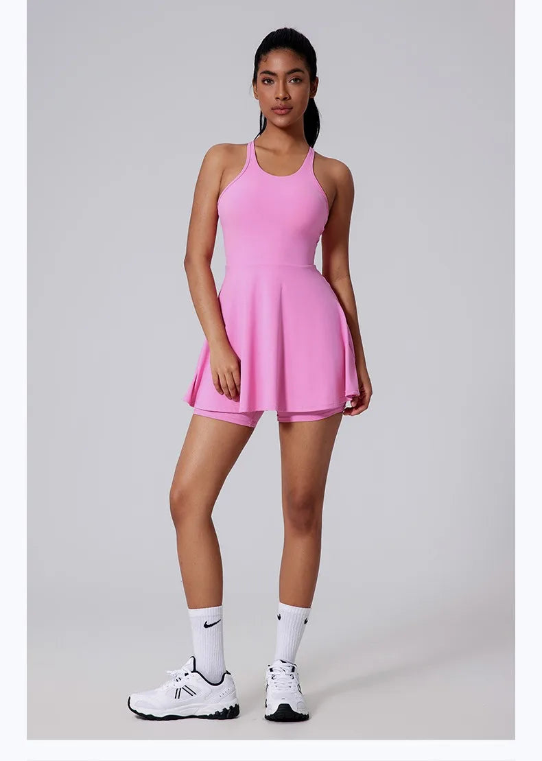 Women Beautiful Back Tennis Dress With Chest Cushion&Shorts Dreathable Outdoor Yoga Golf Skirt Workout Running Badminton Dress