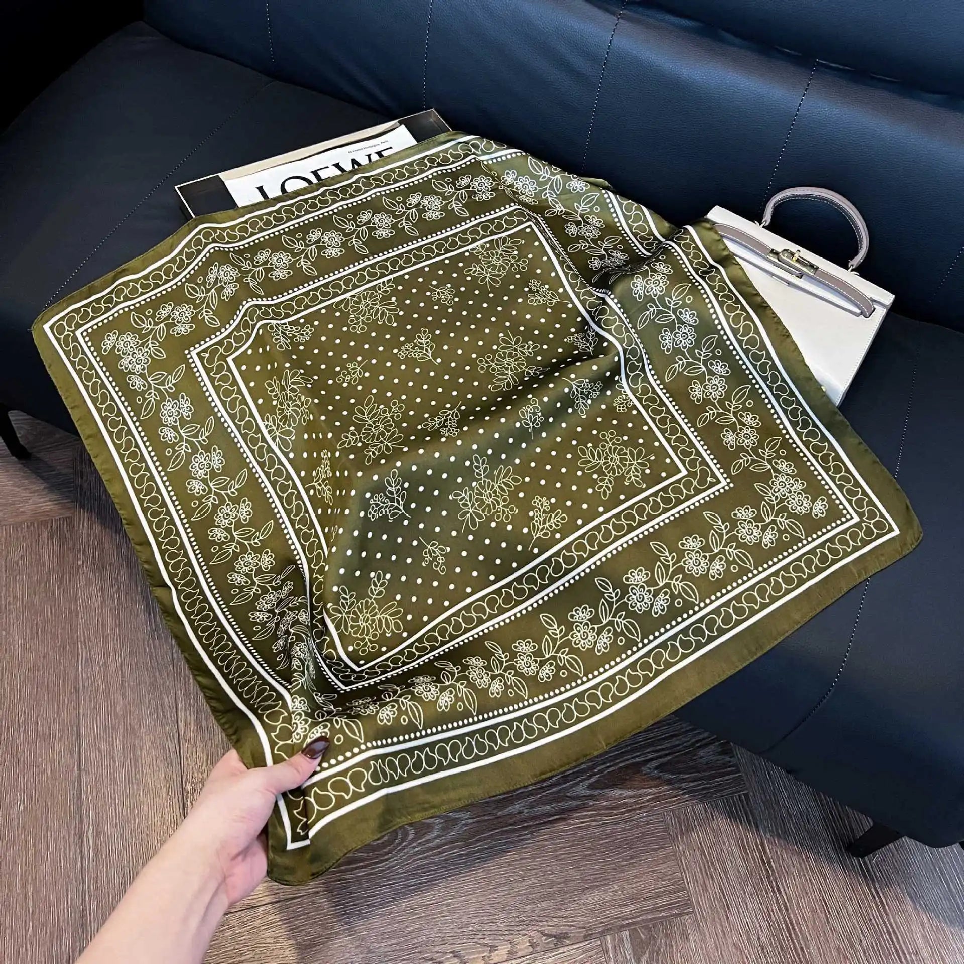 Printed Paisley Houndstooth Square Scarf for Women, Coffee Color, Polyester