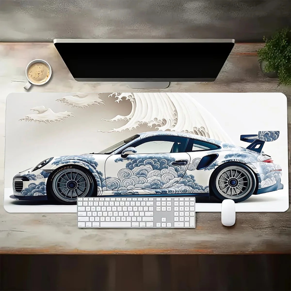 Large White Sports Car Design Gaming Mouse Pad with Anti-Slip Rubber Base
