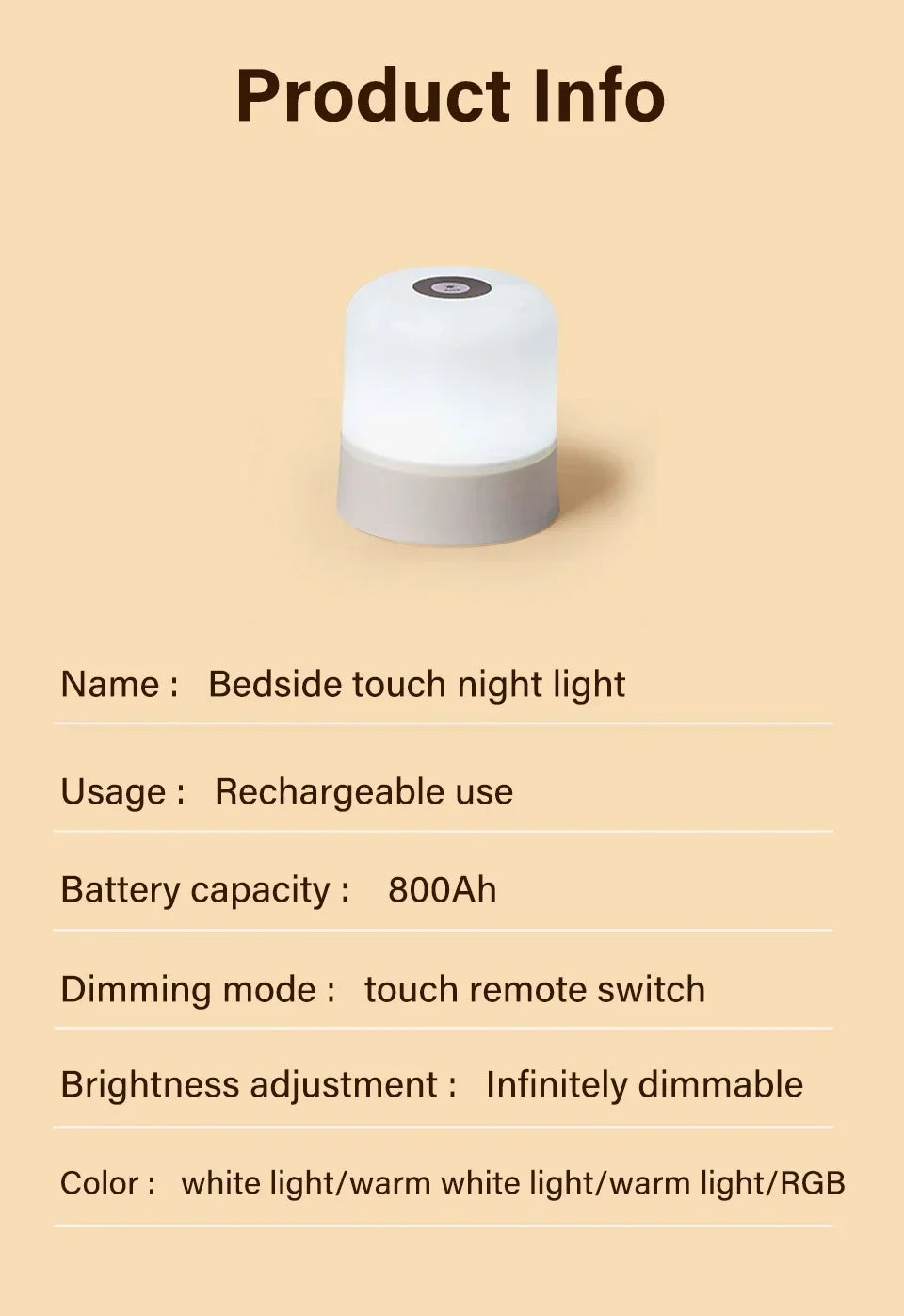 Rechargeable LED Night Light with Remote Control, Touch Switch, Dimmable RGB White