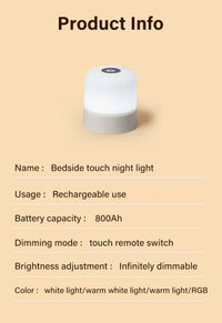 Rechargeable LED Night Light with Remote Control, Touch Switch, Dimmable RGB White