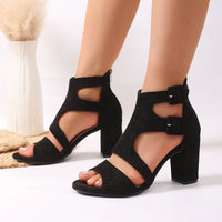 Spring and Summer New Women's Black Suede Chunky Heel Sandals, Hollow Double Buckle Strap Open-Toe High Heels, Versatile Roman Style Women's Shoes for Commuting - Buy online at  Vibe In Cart.