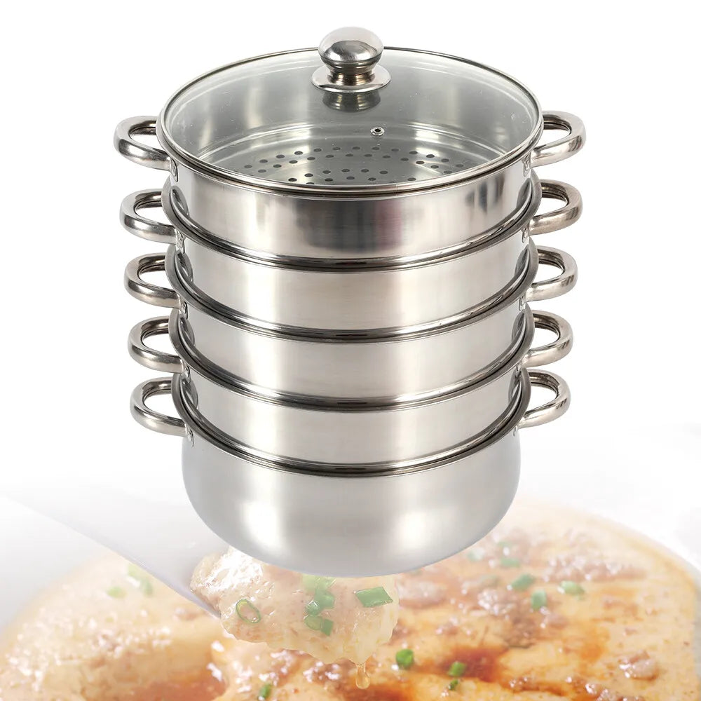 5 Tier Stainless Steel Steamer Pot Set 28cm Large Capacity Stackable Cookware With Glass Lid For Home Kitchen - Buy online at  Vibe In Cart.