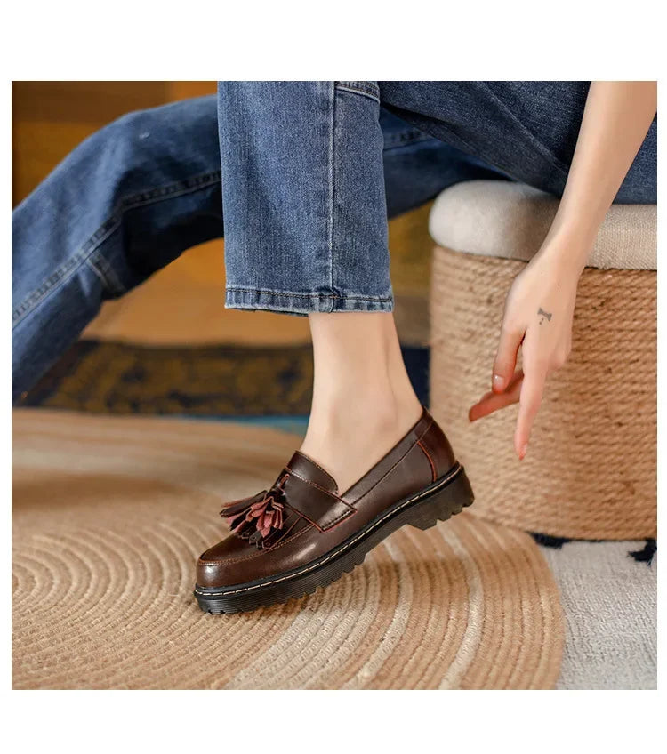 Women Loafers Genuine Leather Fringe Moccasions Retro British Style Ladies Oxford Shoes Slip On Brown Flats - Buy online at  Vibe In Cart.
