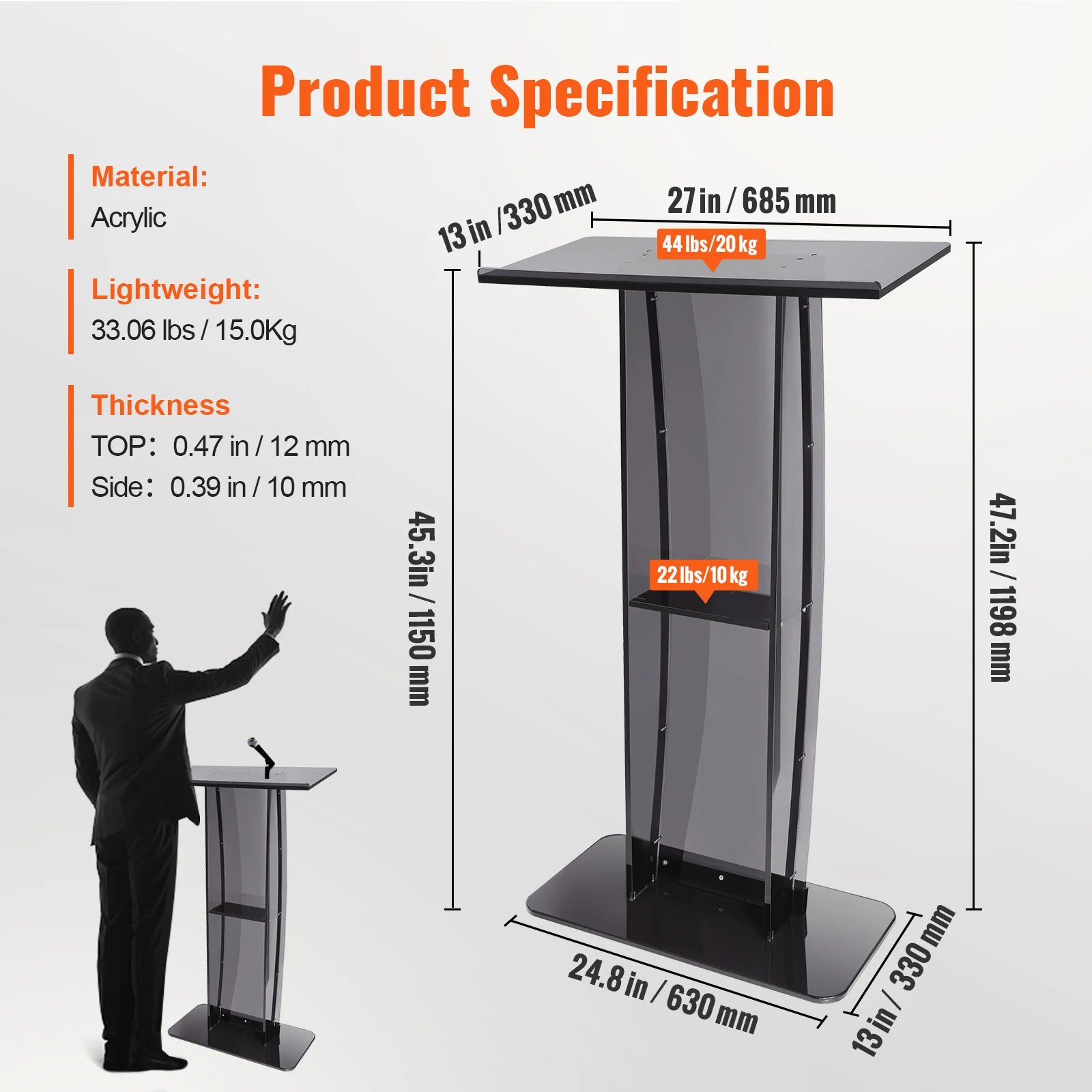 SucceBuy 47" Acrylic Podium Stand Floor-Standing Clear Pulpit Acrylic Desktop Lecterns w/ Storage Shelf for Church Office School - Buy online at  Vibe In Cart.