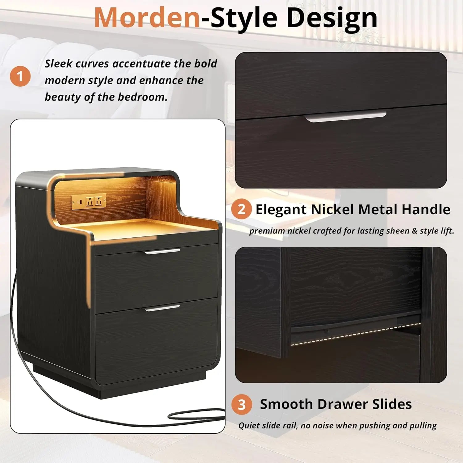 LIKIMIO Nightstand with Charging Station and LED Lights, Night Stand with Pull-Out Shelf, Bedside Table for Bedroom, Black - Buy online at  Vibe In Cart.