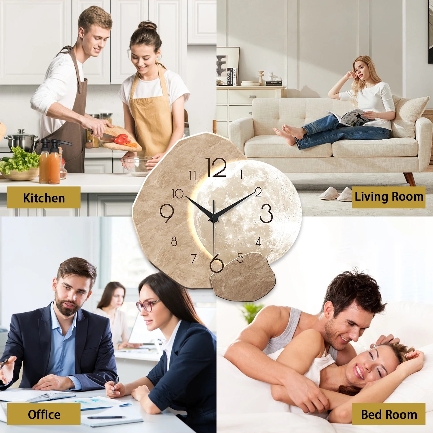 Modern Simple Silent Wall Clock, Moon Design - Quartz Movement, Wooden Material, for Bedroom, Living Room or Office Decoration - Buy online at  Vibe In Cart.