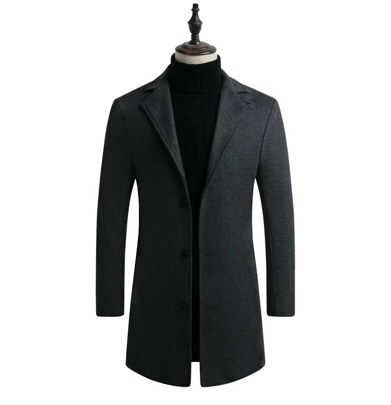 Men's Slim Long Wool Blend Cotton Single Breasted Coat for Autumn and Winter