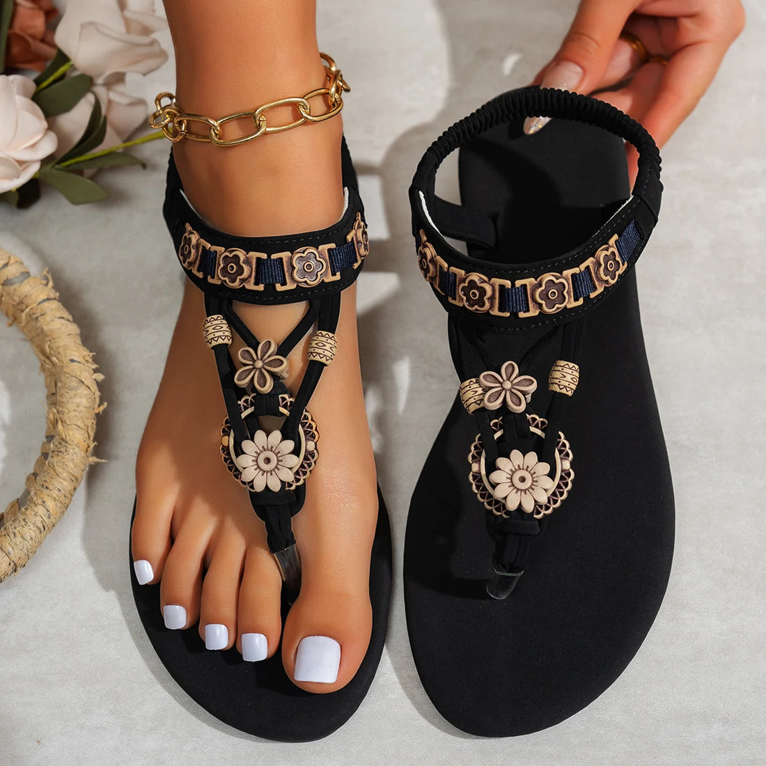 Women's fashionable round toe clip toe bohemian style one-piece elastic flat sandals - Buy online at  Vibe In Cart.